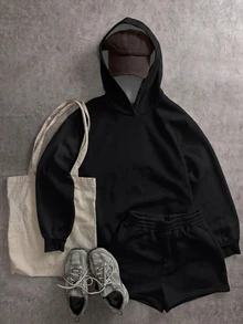 Attitoon 女款黑色休閒極簡印花連帽長袖寬鬆加厚衛衣 - 黑色 - 查看 3