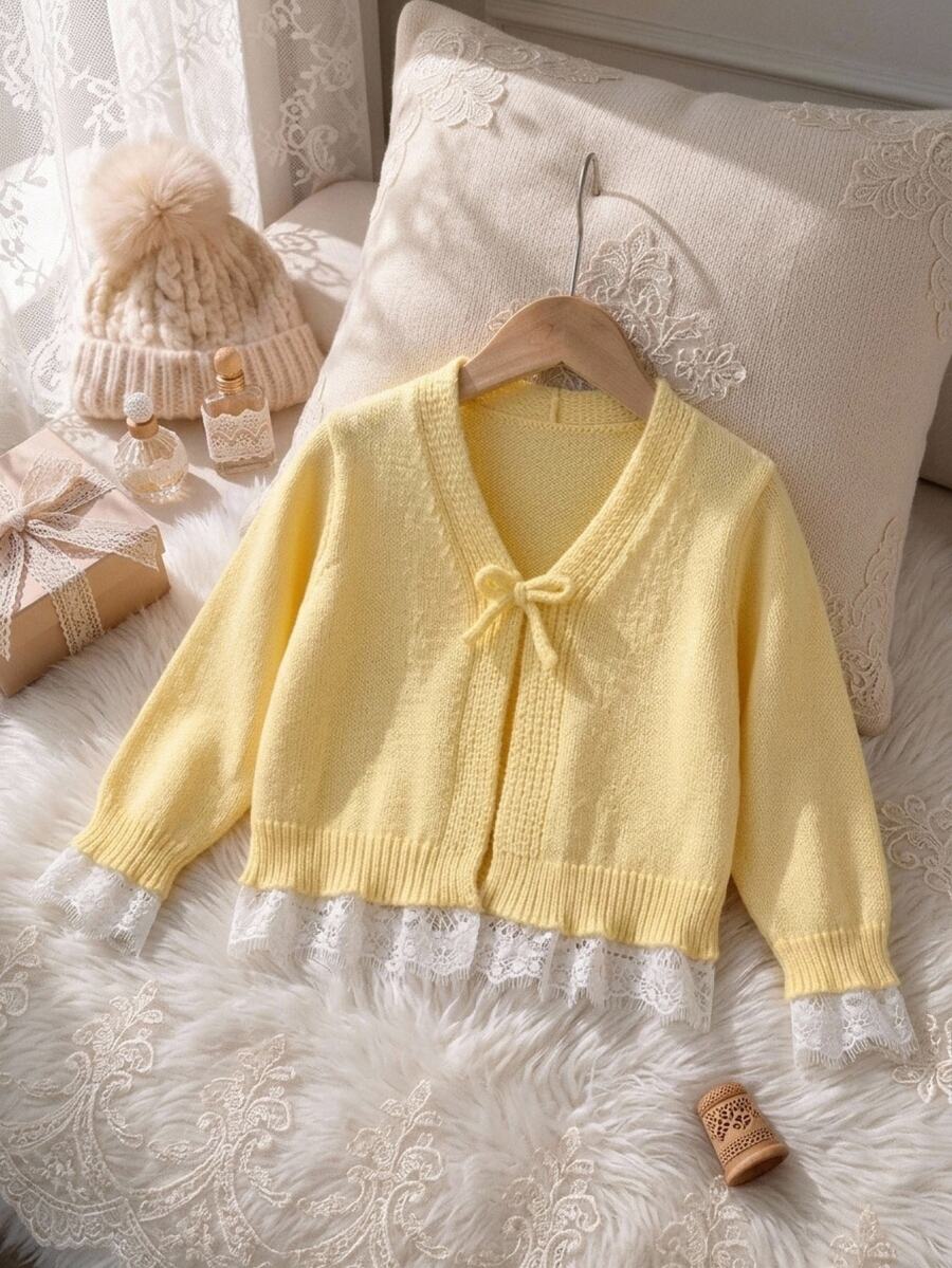 SHEIN Cardigan Rajut Kasual Anak Perempuan dengan Hem Berumbai Warna Kontras - MultiWarna - View 1