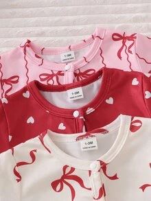 SHEIN 新生兒極簡時尚甜美可愛愛心圖案 3 件套長袖長版連身衣居家休閒服 - 彩色 - 查看 8