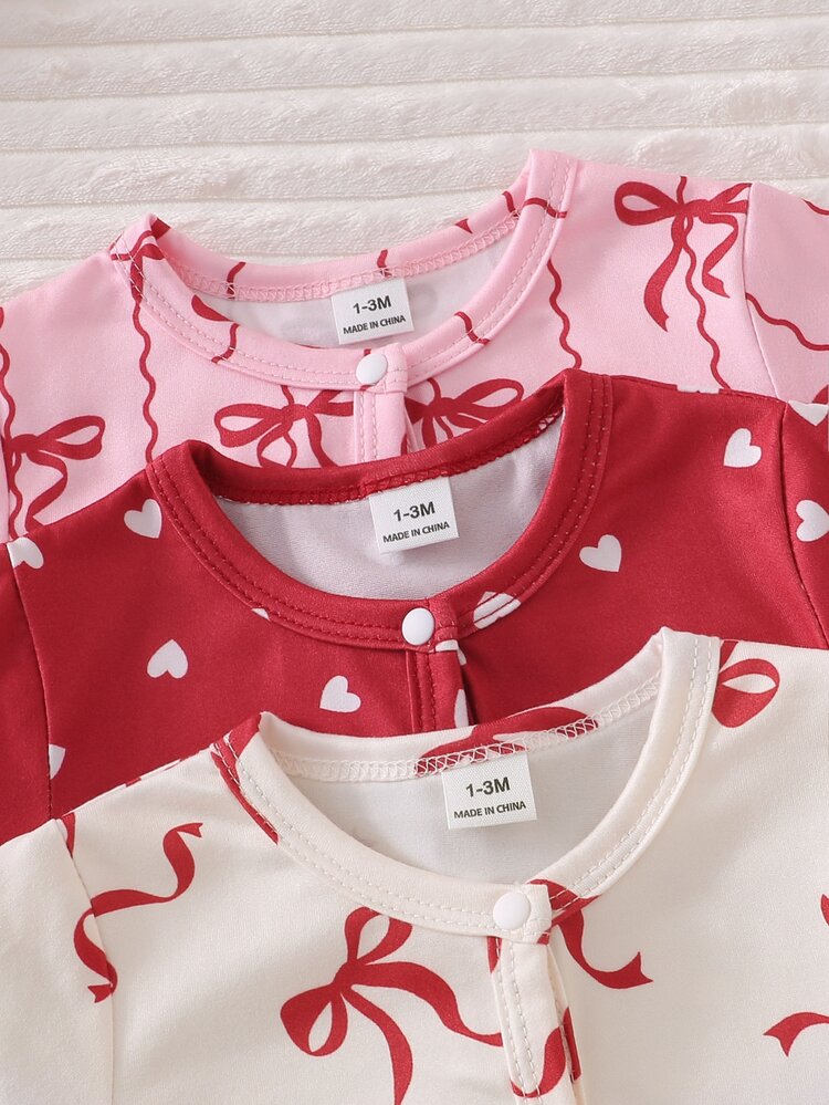 SHEIN Newborn Minimalist Fashion Sweet Cute Heart Pattern 3 Pieces Set Long Sleeve Long Jumpsuit Loungewear - Multicolor - View 8