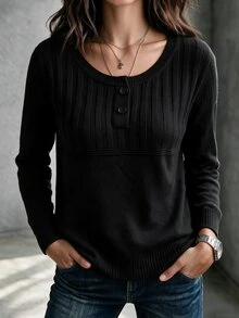 SHEIN 優雅米色羅紋針織長袖上衣，復古半鈕扣亨利領，通勤外套內搭針織衫 - 黑色 - 查看 7