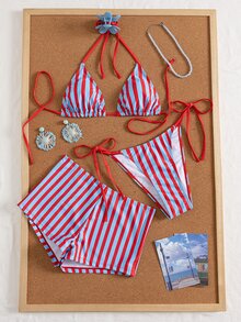 Swim Mod 女款夏季條紋印花掛脖比基尼上衣與三角褲 3 件式泳衣套裝 - 彩色 - 查看 2