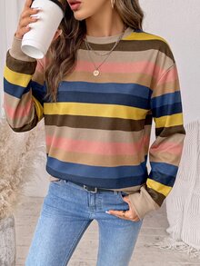 SHEIN LUNE 女款條紋拼色休閒日常長袖衛衣 - 白色 - 查看 4