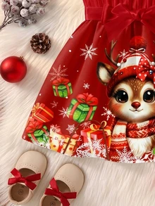 Girls Christmas Ribbed Christmas Gift Deer & Snowflake Pattern Ruffle Hem Dress, Cute & Sweet Baby Girls Outfit - Hot Pink - View 5