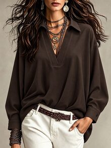 Wandoria Women's Solid Color V-Neck Loose Fit Blouse With Pleated Hem, Dropped Shoulder Long Sleeves, Coffee Brown, French Elegant Sophisticated Style, Suitable For Commute, Casual, Vacation, Formal Office, Afternoon Tea, Party, Street Style, Muslim Middle Eastern Women, Spring Autumn New Arrival, Autumn Winter - Coffee Brown - View 3