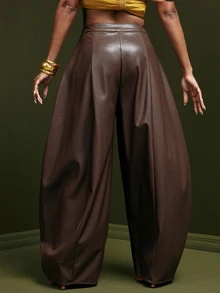 Vixey Women's Solid Color High Waist PU Leather Barre; Leg Wide Leg Pants, Event Dressing, Going Out Outfit, Holiday - Brown - View 2