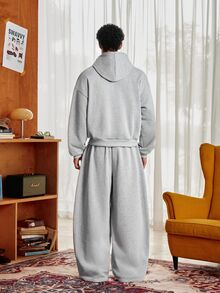 SWAVVY Men's Spring/Autumn Casual Loose Fit Standard Size Hoodie Sweatshirt Set, Grey Solid Color, Elastic Waist - Grey - View 2