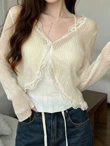 Tideelle 白色V領蕾絲飾邊防曬罩衫女款夏季輕量細肩帶披肩罩衫 - 奶油色 - 查看 7