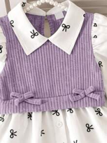 SHEIN 女童 4-7 歲學院風蝴蝶結印花泡泡袖拼接柔軟毛絨羅紋 2 合 1 上衣與彈性腰鬆緊褲 2 件套，秋季時尚休閒套裝，適合學校、戶外、運動及姐妹聚會穿著 - 紫色 - 查看 7