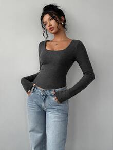 SHEIN BASICS تي شيرت نسائي كاجوال بسيط بأكمام طويلة للارتداء اليومي - رمادي غامق - مشاهدة 6