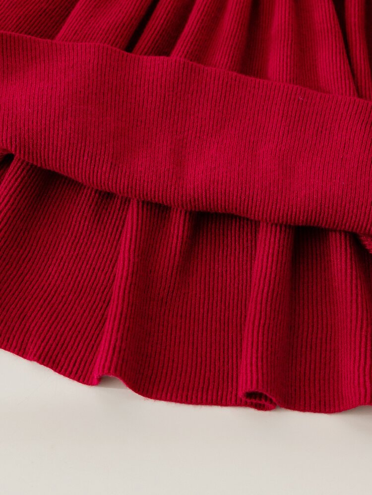 4-8 Years Old Girls Burgundy Ruffle Bow Sweater Dress, Round Neck Knit Dress, A-Line Knit Dress, Sweet Style Knit Sweater Dress For Autumn/Winter - Burgundy - View 7