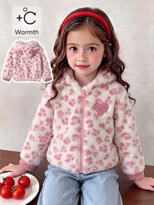 SHEIN Genkimix Kids 女童秋冬休閒時尚豹紋毛絨拉鍊連帽開襟外套 - 白色 - 查看 3