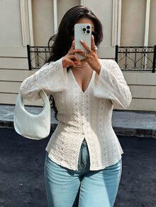Easura Curvy French Style V Neck Long Flare Sleeve Lace Blouse, Fitted Casual Shirt Fall - Apricot - View 1