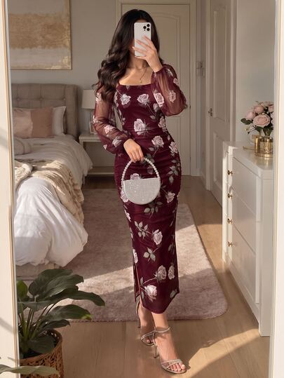 Modelyn Vintage Rose Ditsy Floral Burgundy Women's Dress, Autumn/Summer Fashion Square Neck Long Sleeve Waist-Cinching Fitted Bodycon Mid-Length Dress, Suitable For Casual Streetwear, Evening Parties, Gatherings, Floral Dress