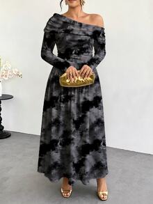 Firerie 休閒紮染長袖不對稱大尺碼極簡優雅洗練派對風不對稱肩褶皺設計收腰針織面料日常時尚百搭女款長洋裝 - 彩色 - 查看 5