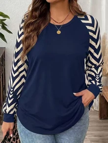 SHEIN LUNE Plus Size Women's Casual Raglan Sleeve Round Neck Loose Fit T-Shirt, Suitable For Autumn/Winter - Multicolor - View 1