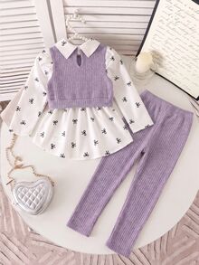 SHEIN 女童 4-7 歲學院風蝴蝶結印花泡泡袖拼接柔軟毛絨羅紋 2 合 1 上衣與彈性腰鬆緊褲 2 件套，秋季時尚休閒套裝，適合學校、戶外、運動及姐妹聚會穿著 - 紫色 - 查看 2