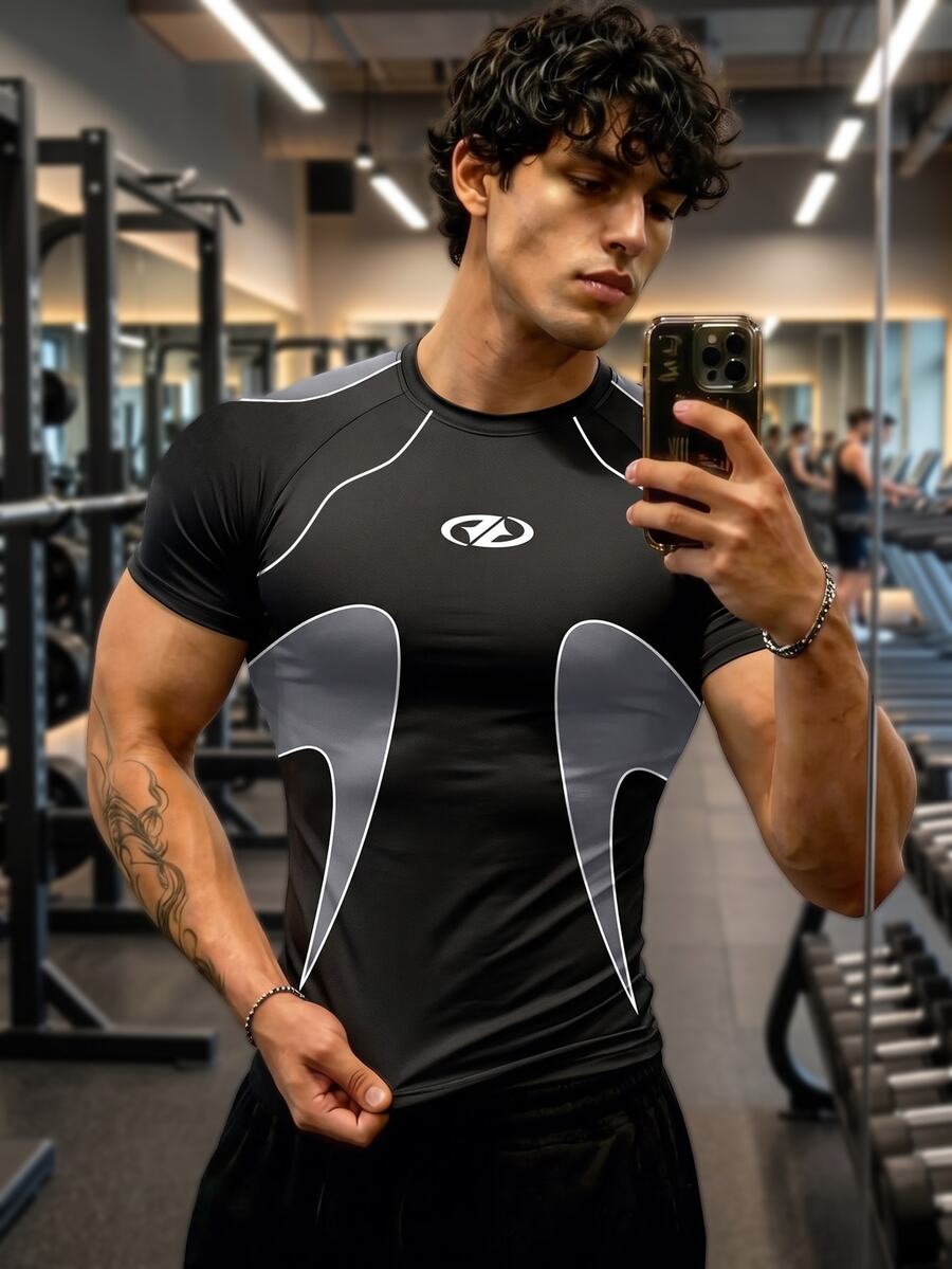 GymBeat Men's Geometric Print Raglan Short Sleeve Casual Fitness Sports T-Shirt - Multicolor - View 1