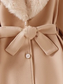 SHEIN 女童秋季黑色羊毛大衣 人造毛領袖口 腰帶式排扣優雅加厚保暖外套 秋季服飾 - 卡其色 - 查看 5