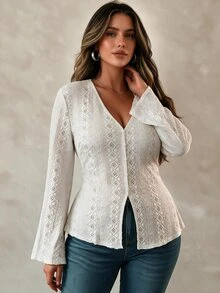 Easura Curvy French Style V Neck Long Flare Sleeve Lace Blouse, Fitted Casual Shirt Fall - Apricot - View 4