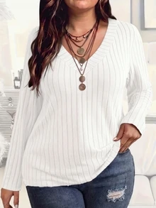SHEIN LUNE 新款女式時尚休閒百搭羅紋針織紋理長袖落肩 T-shirt 秋季 - 白色 - 查看 5