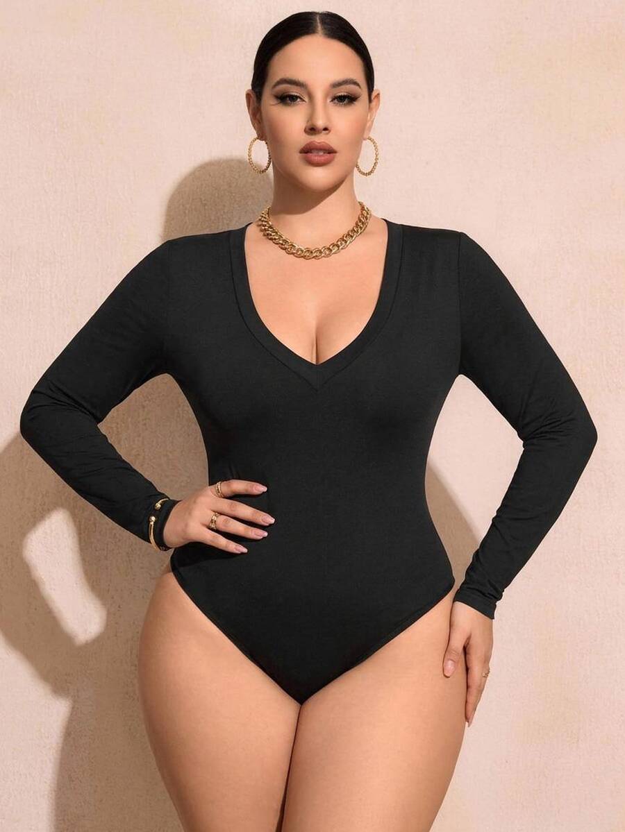 SHEIN SXY بودي نسائي كاجوال بتصميم بسيط مقاس كبير مناسب للصيف - الأسود - مشاهدة 1