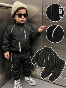 SHEIN 男嬰加厚工裝風黑色立領夾克長袖運動衫與黑色慢跑褲套裝，舒適百搭休閒時尚日常運動簡約百搭風，適合秋冬室內、戶外滑雪、日常、運動、派對、攝影 - 黑色 - 查看 7