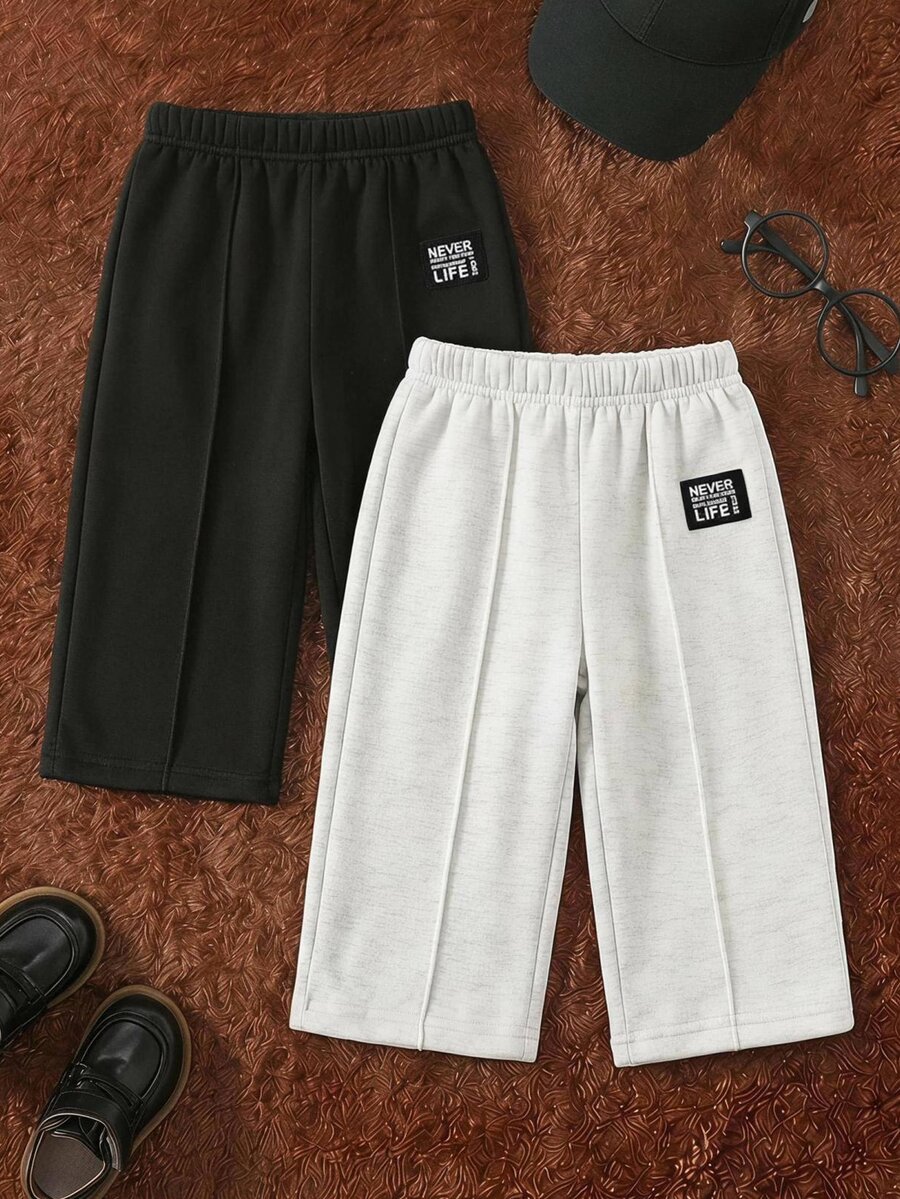 SHEIN 2件裝嬰兒男童女童灰色黑色秋冬加厚抓絨寬鬆寬腿褲,對比色腰部抽繩,百搭韓風,適合上學與外出 - 彩色 - 查看 1