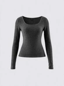 SHEIN BASICS تي شيرت نسائي كاجوال بسيط بأكمام طويلة للارتداء اليومي - رمادي غامق - مشاهدة 8