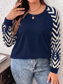SHEIN LUNE Plus Size Women's Casual Raglan Sleeve Round Neck Loose Fit T-Shirt, Suitable For Autumn/Winter - Multicolor - View 4