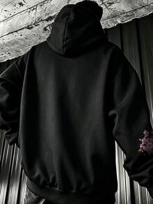 Manfinity Homme Men's Plus Size Classic Oriental Japanese Sakura Text Hoodie, Suitable For Daily Wear And Gatherings - Black - View 2