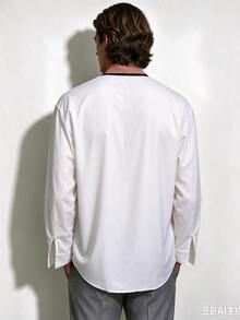 TONEVAULT Men's Colorblock Casual Versatile Long Sleeve Polo Shirt - White - View 2