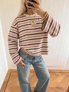 SHEIN EZwear Women's Striped Casual Daily Wear T-Shirt - Pink - View 3