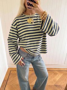SHEIN EZwear 女款休閒海外風長袖條紋T恤，秋季上衣，適合日常通勤、聚會、秋冬/夏季、聖誕節、新年、感恩節、派對、婚禮、海灘、畢業典禮、優雅、外出、約會、通勤、情人節、優雅、度假、Y2K、畢業典禮等場合，條紋T恤 - 彩色 - 查看 4