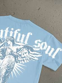 StoneGrade Arc Gothic Font Classical Plaster Angel Fashion Print Men's Standard Size Dropped Shoulder Loose Fit Short Sleeve T-Shirt - Multicolor - View 2