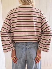 SHEIN EZwear Women's Striped Casual Daily Wear T-Shirt - Pink - View 2