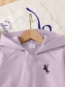 SHEIN ChillGRL Streecool 青少女 2 件套秋季服飾 常規厚度針織休閒百搭連帽拉鍊外套與寬鬆寬腿長褲套裝，附馬術運動圖案印花，適合休閒運動 - 紫色 - 查看 4