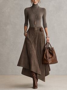 SHEIN Women's Solid Color Pleated Casual Versatile Daily Wear Skirt - Brown - View 3
