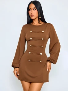 SOLERSUN Women Round Neck Lantern Long Sleeve Mini Dress Decorative Frog Button Slim Bodycon Short Dresses - Coffee Brown - View 6