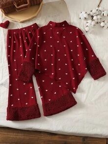 SHEIN Young Girl 紅色羅紋高領兩件套 2pcs 套裝 高領長袖不對稱上衣配紅色人造毛領袖口，搭配羅紋喇叭褲 - 酒紅色 - 查看 2