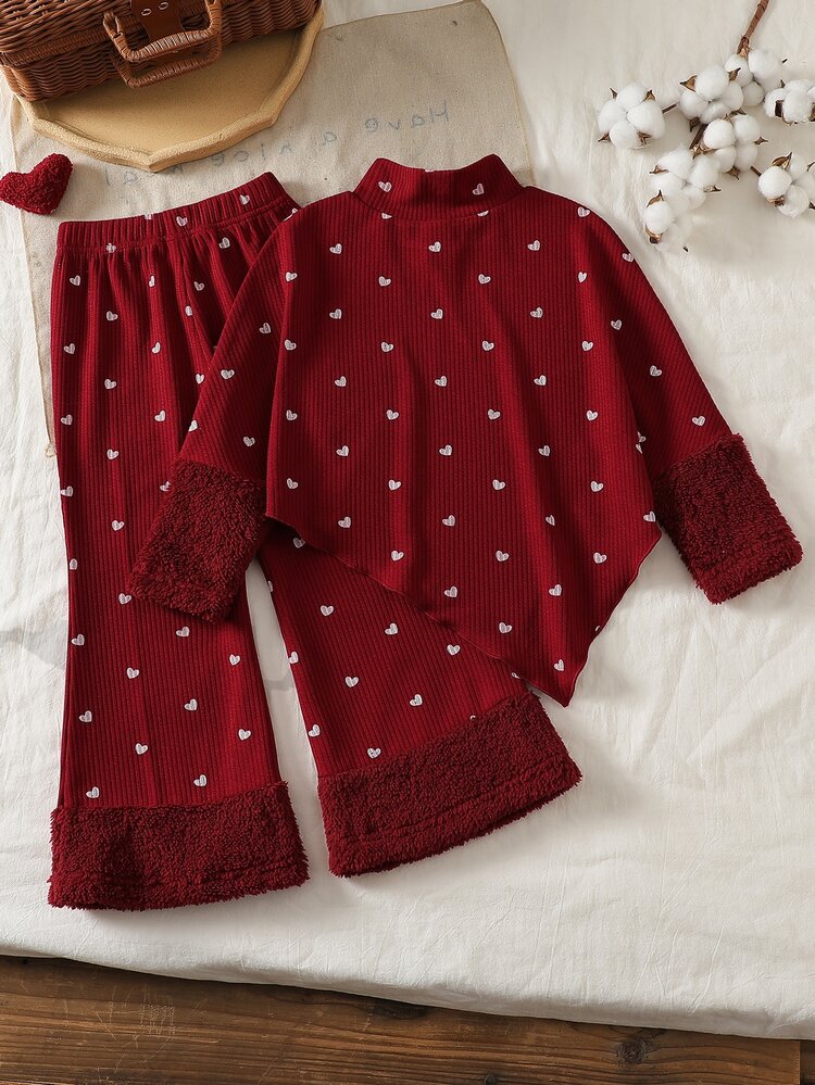 SHEIN Young Girl Young Girl Red Ribbed High Neck 2 Pieces 2pcs Set High Neck Long Sleeve Asymmetrical Top With Red Faux Fur Cuffs; Matching Ribbed Flared - Burgundy - View 2