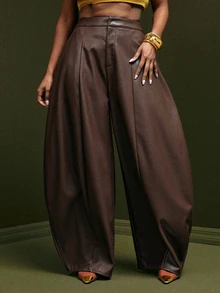 Vixey Women's Solid Color High Waist PU Leather Barre; Leg Wide Leg Pants, Event Dressing, Going Out Outfit, Holiday - Brown - View 1