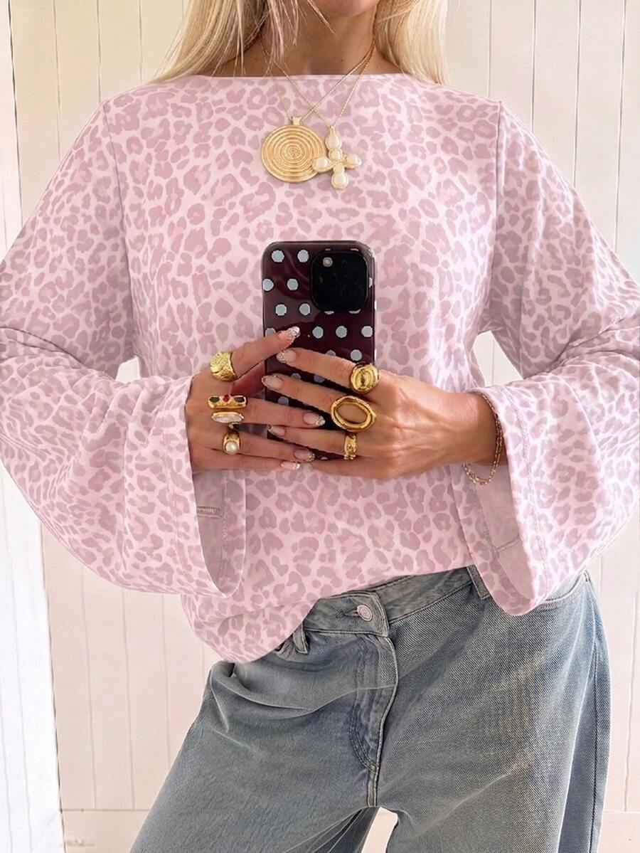 SHEIN EZwear 海外長袖水洗粉色豹紋上衣,秋季襯衫,適合日常通勤、聚會、秋冬/夏季、聖誕節、新年、感恩節、派對、婚禮、海灘、畢業典禮、優雅、外出、約會、通勤、情人節、優雅、度假、Y2K、畢業典禮等場合 - 彩色 - 查看 1