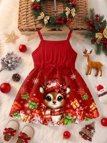 Girls Christmas Ribbed Christmas Gift Deer & Snowflake Pattern Ruffle Hem Dress, Cute & Sweet Baby Girls Outfit - Hot Pink - View 3