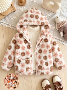 Elladie kids 女童 4-8歲甜美波點抓絨外套，舒適保暖羊羔絨全開襟外套，秋冬新款，適合日常、上學、生日、公園出遊 - 杏色 - 查看 1