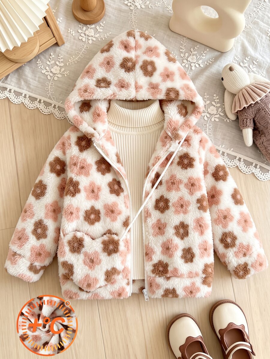 Elladie kids 女童 4-8歲甜美波點抓絨外套,舒適保暖羊羔絨全開襟外套,秋冬新款,適合日常、上學、生日、公園出遊 - 杏色 - 查看 1