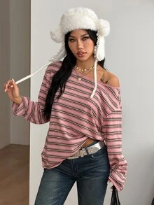 Coolane 女款條紋不對稱肩長袖休閒寬鬆版型T恤 - 咖啡棕 - 查看 2