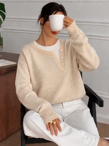 SHEIN Clasi Women's Asymmetric Button Design Round Neck Knit Sweater, Loose Fit Drop Shoulder Long Sleeve 2 In 1 Pullover Top - Apricot - View 4