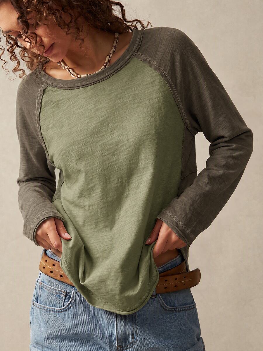 Bohemela Casual Solid Color Knit Patchwork Crew Neck Long Sleeve Women's T-Shirt - Multicolor - View 1