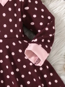 SHEIN Elladie kids 女童秋冬波點印花對比色彼得潘領長袖A字洋裝 - 彩色 - 查看 8